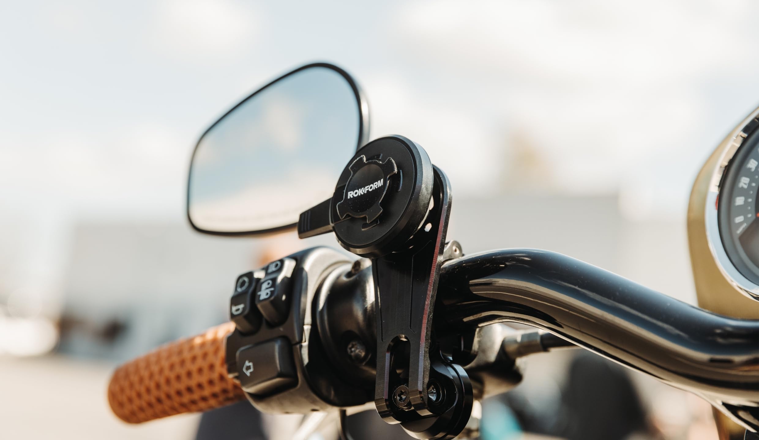 Rokform motorcycle phone mount twist-lock assembly for secure riding.