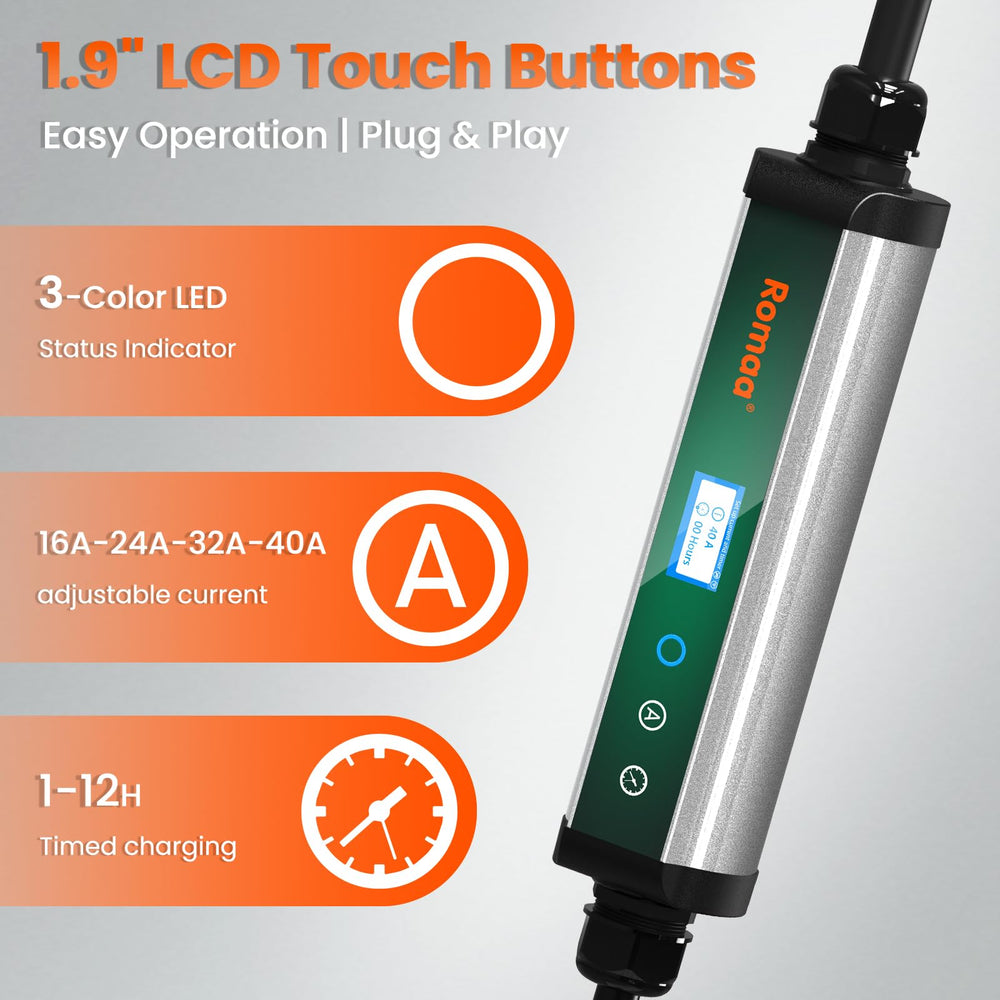 Romaa Level 2 charger displays voltage, current, and status on backlit LCD.