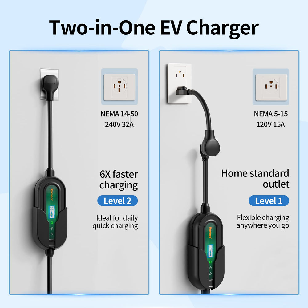 Romaa Level 2 NACS Charger with 25‑foot cable reaching the vehicle