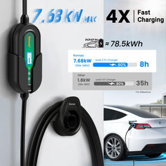 Romaa Level 2 NACS Charger back panel showing 240V outlet compatibility