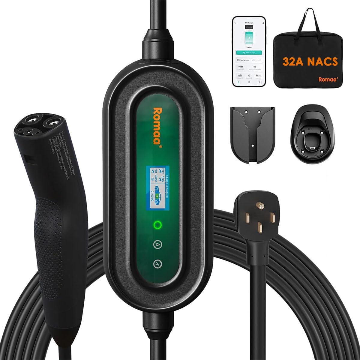 Romaa Level 2 NACS Charger front view for portable home charging