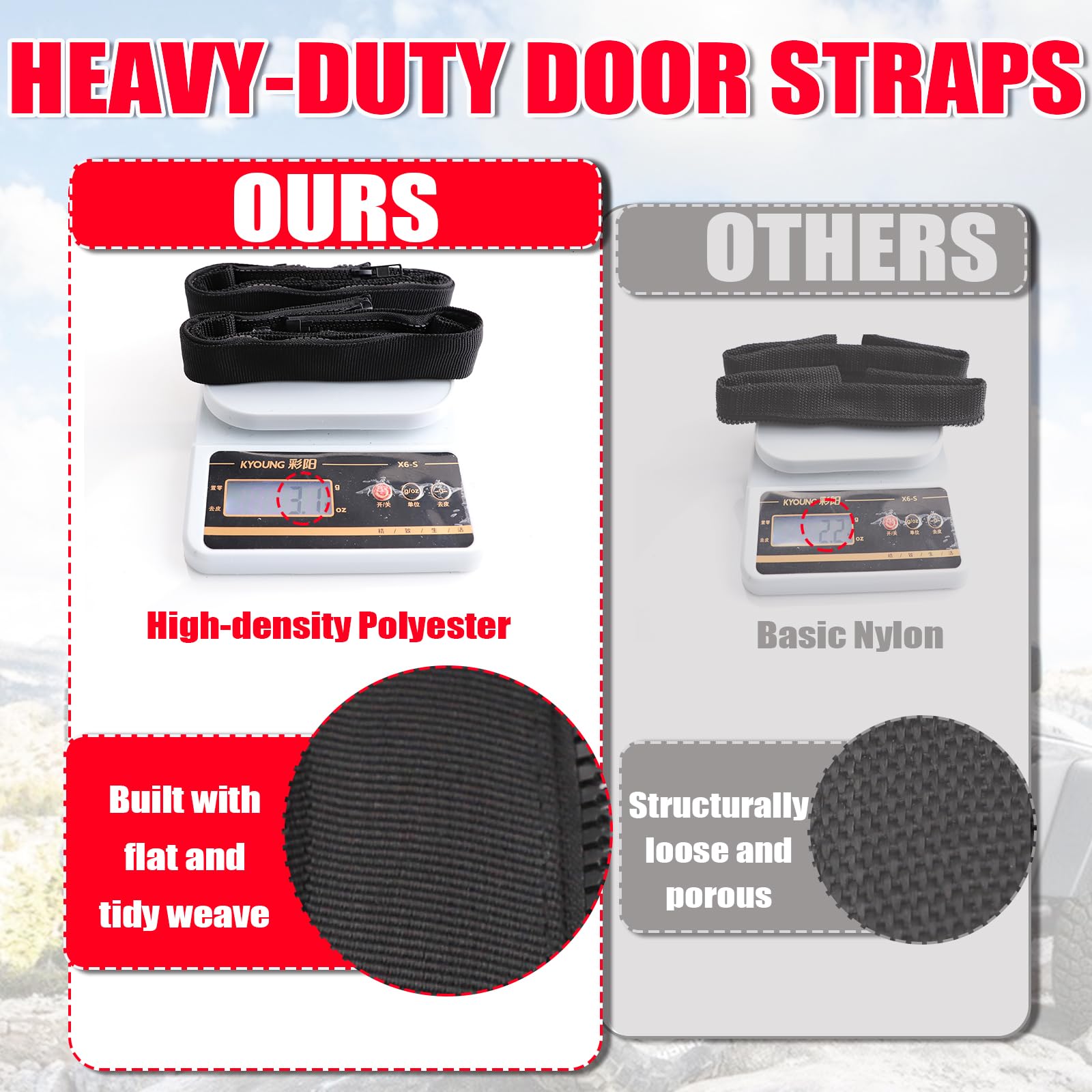 ROMASO door straps close view highlights high-density polyester construction.