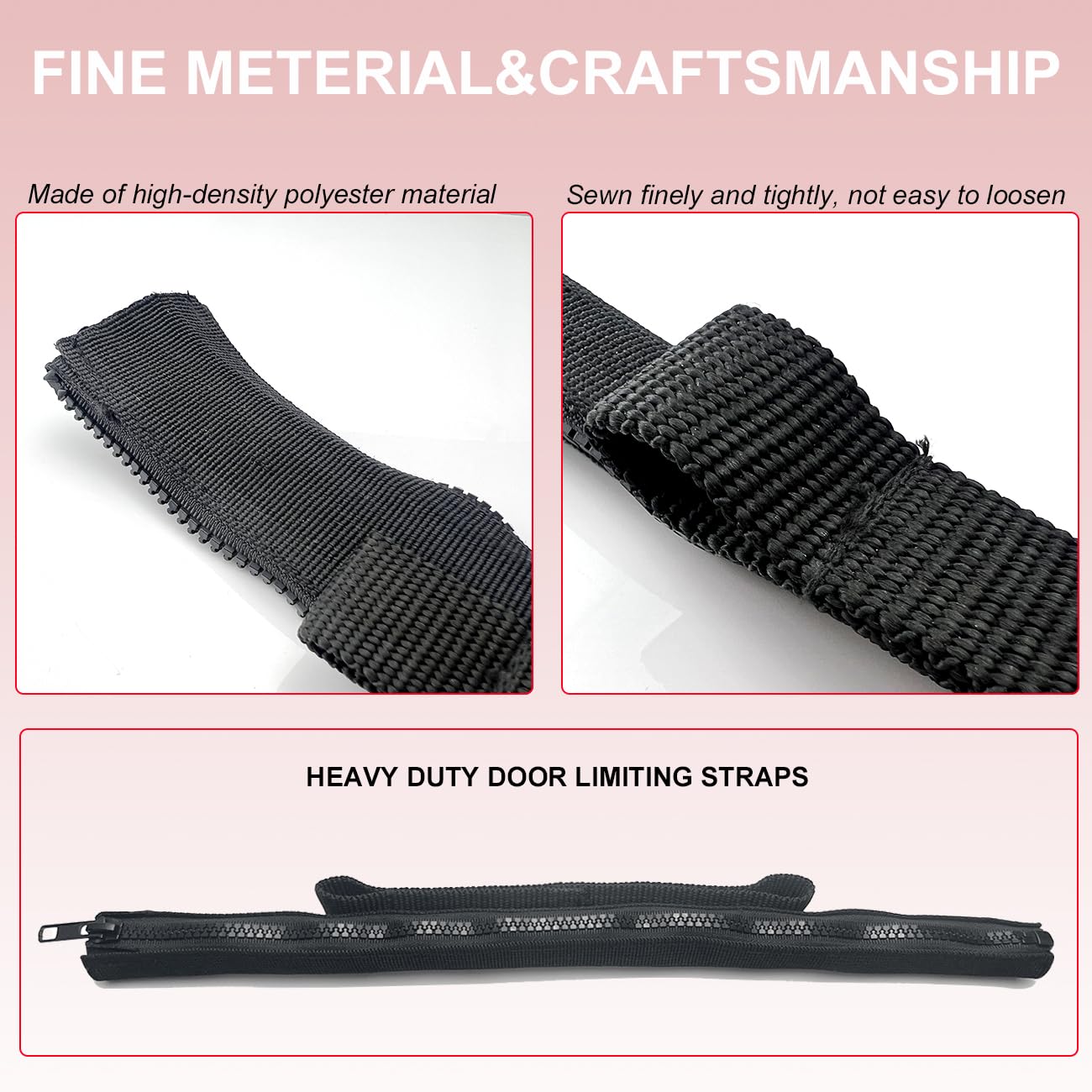 ROMASO door straps easy install guide with cut, thread, and zip steps.