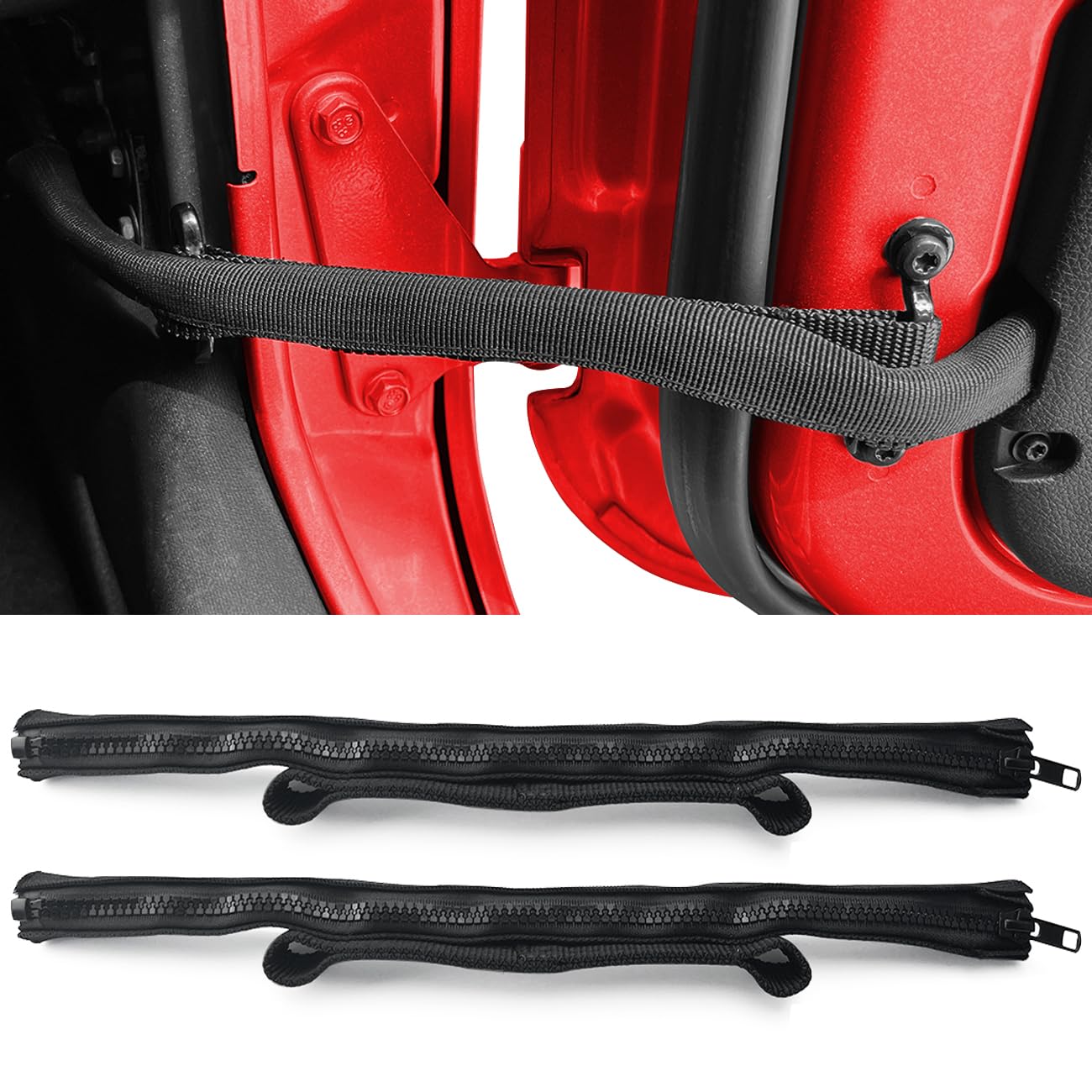 ROMASO door straps for Jeep Wrangler JK/JKU assembly view showing 2-in-1 design.