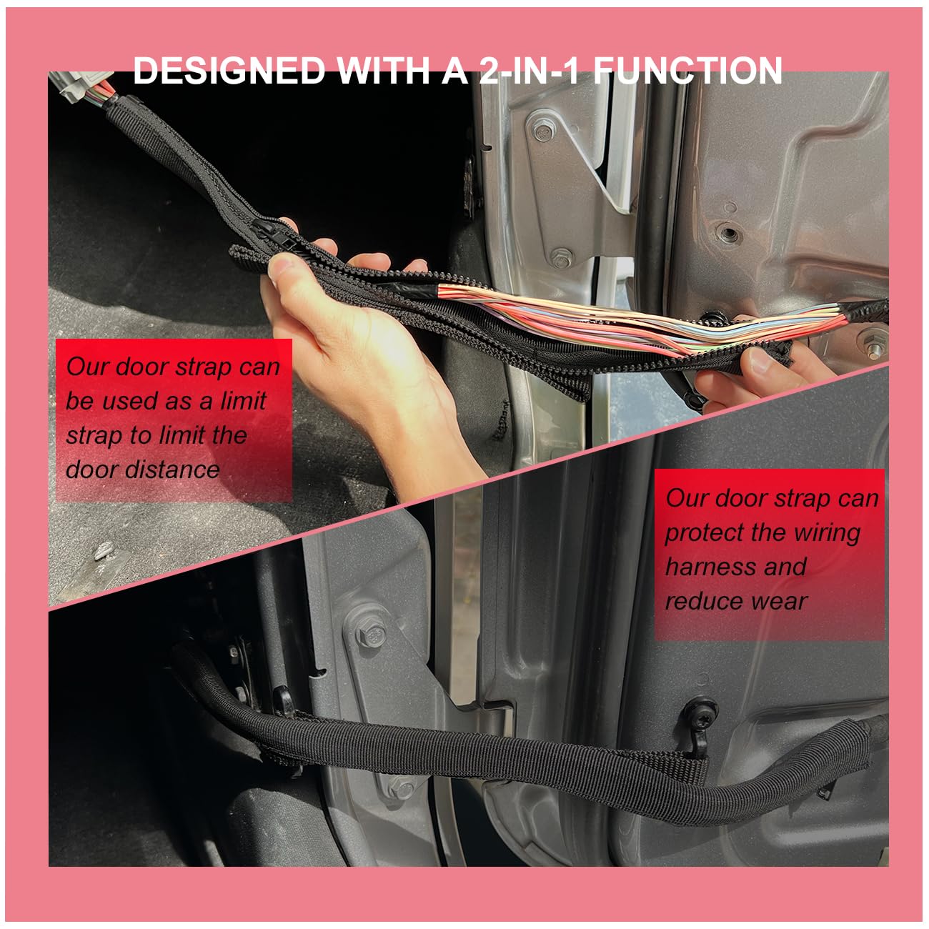 ROMASO door straps protect wiring harness during Jeep access and use.