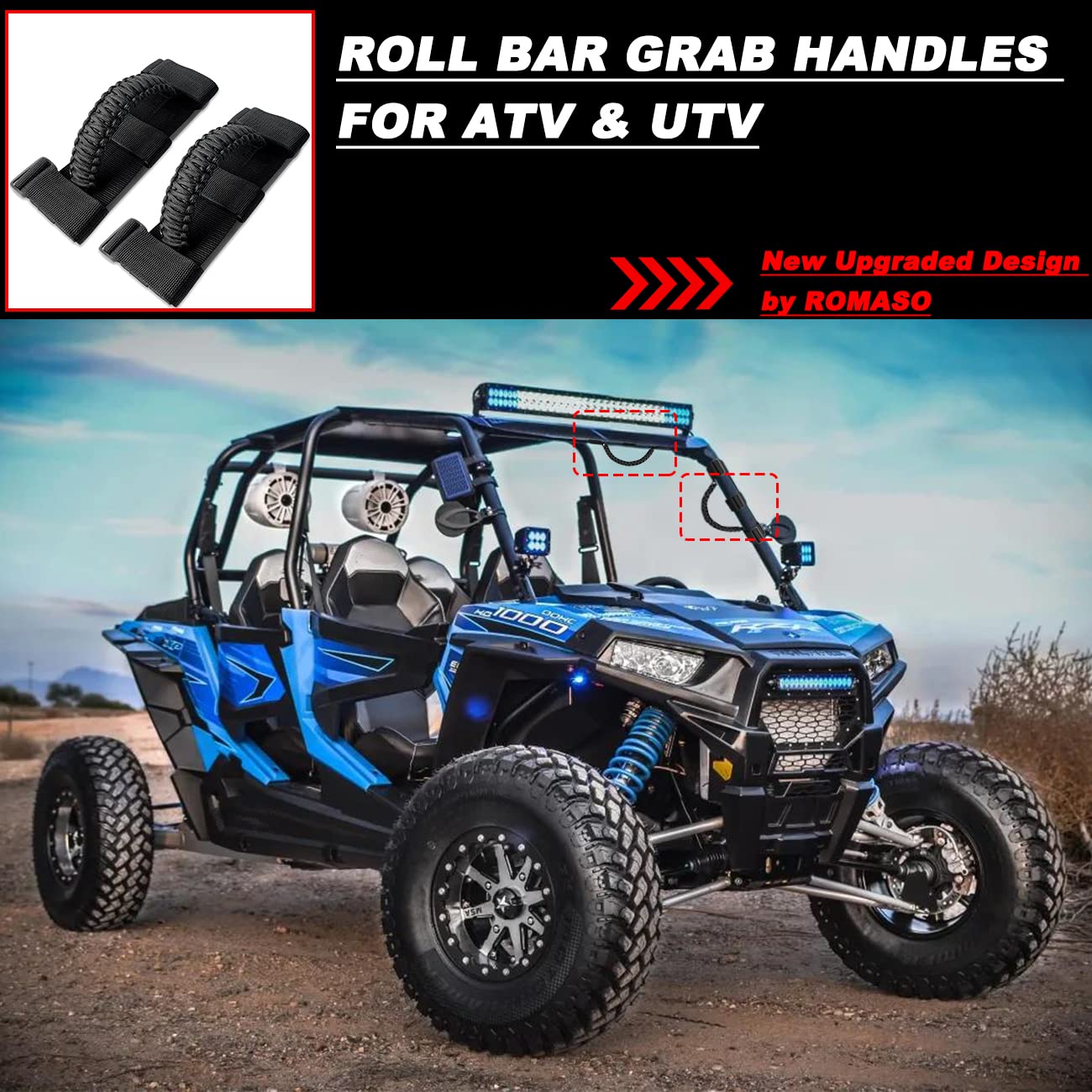 ROMASO Polaris RZR compatible grab handle close-up highlighting three-strap design.