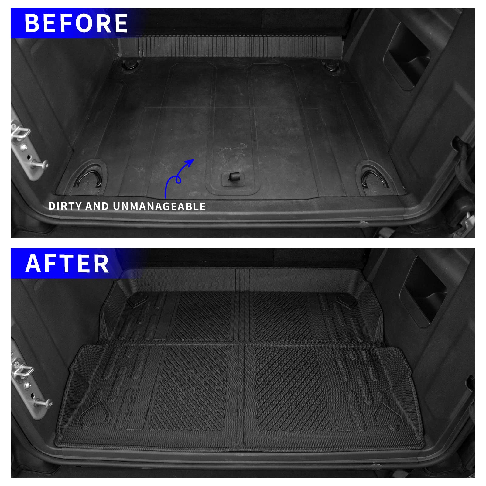 Rongtaod cargo mat for Bronco 4-door close-up shows flexible, odorless TPE material