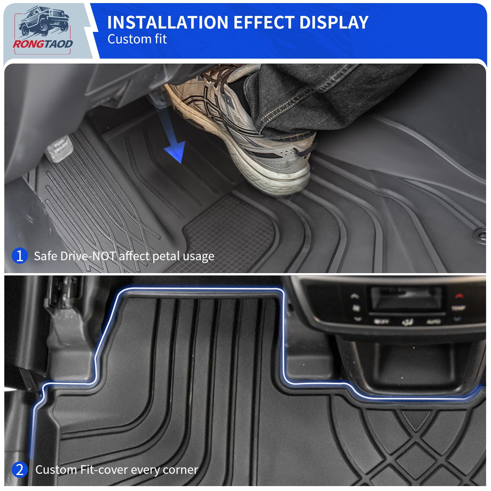 Rongtaod passenger-side floor mat keeps footwell clean and protected.