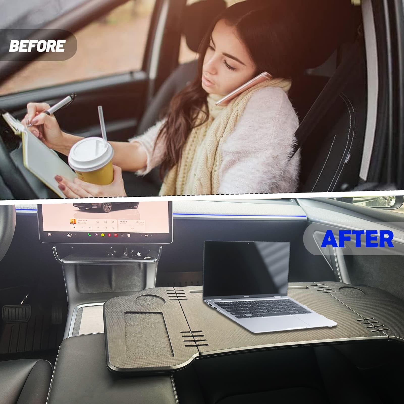 Ronsoile foldable Tesla desk expands for full front-seat work.