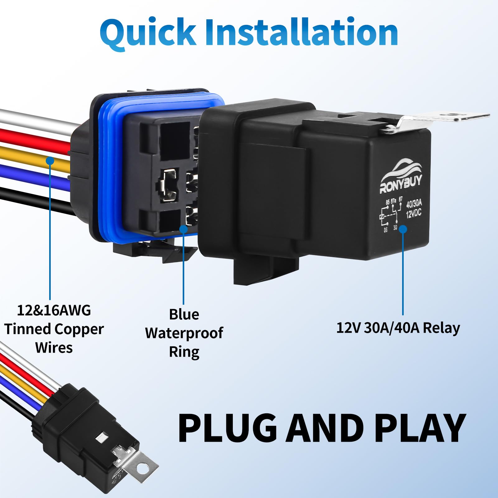Ronybuy 12V-40A-30A switching capability enables flexible load control for vehicles.