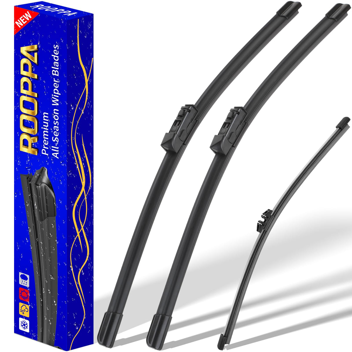 Rooppa 3-pack wiper blades for BMW X3/X4—26, 20, 12 inches ensure clear visibility.