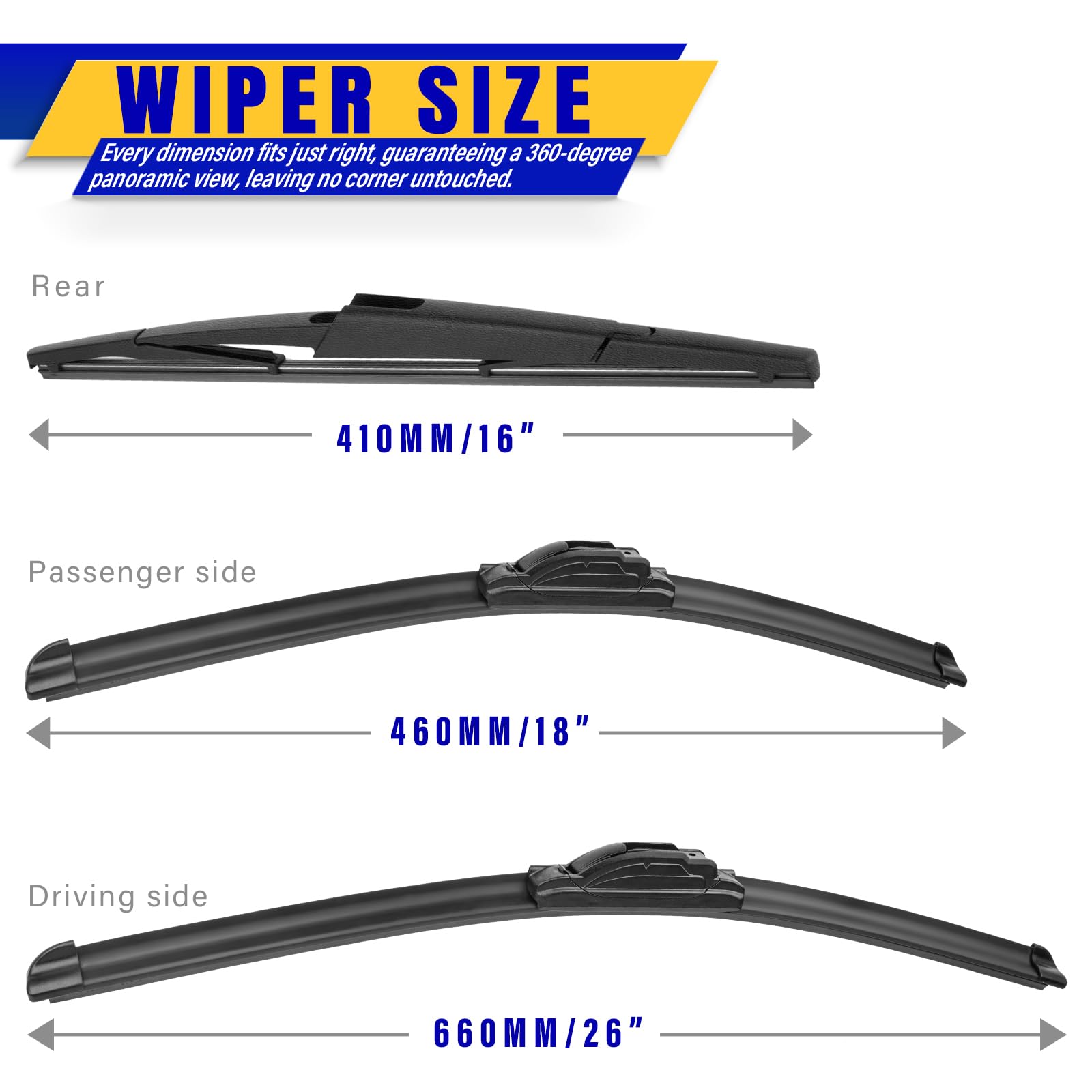 Rooppa 3 wiper blades for Kia Sedona 18 inch quiet, thorough front wiping