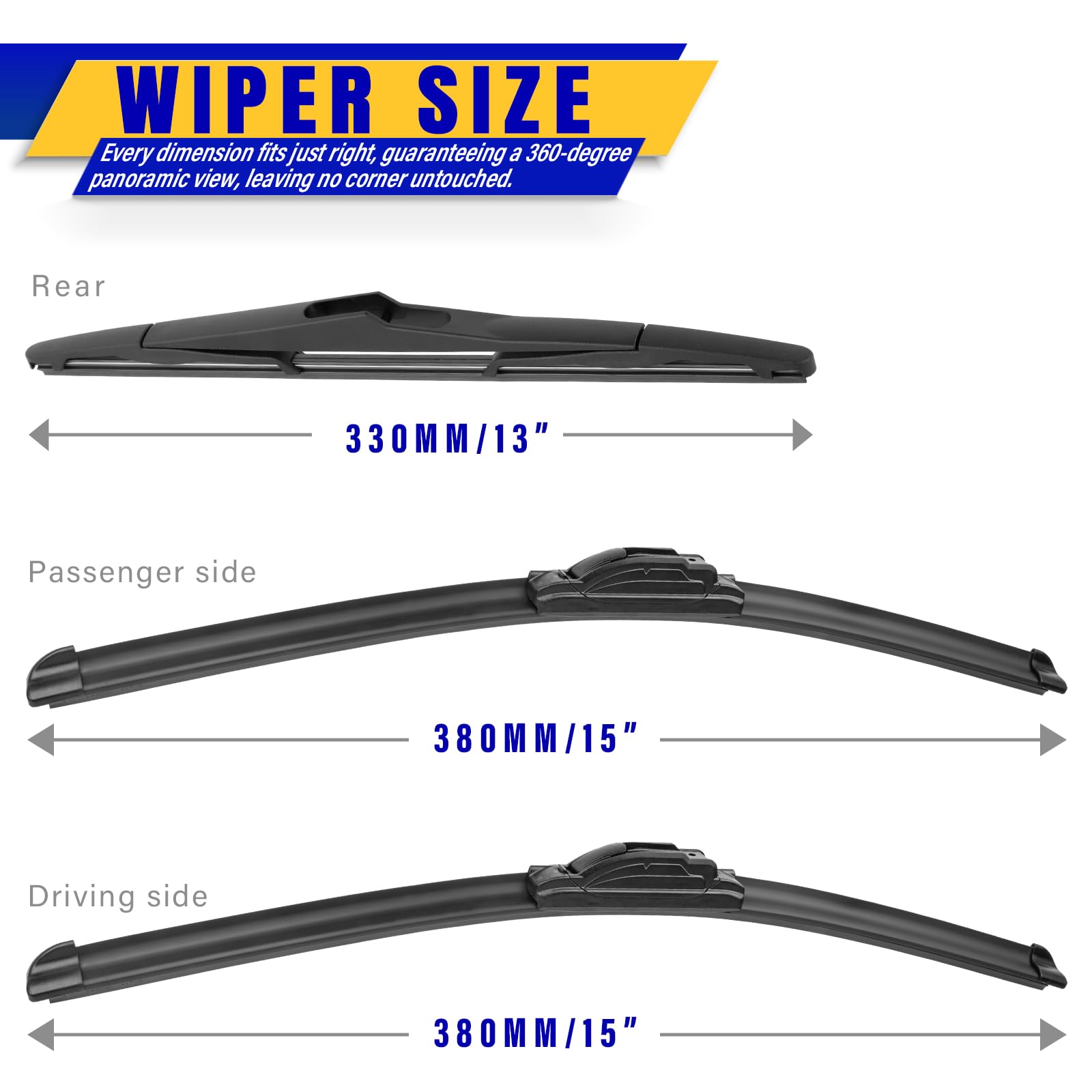 Rooppa Jeep Wrangler wiper blades 15-inch front-right ensures clear visibility.