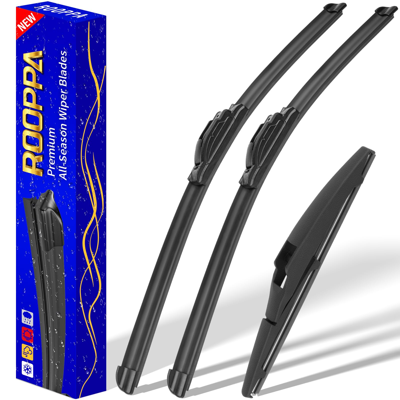 Rooppa Prius C 28-inch front blade for clear, streak-free visibility in rain.