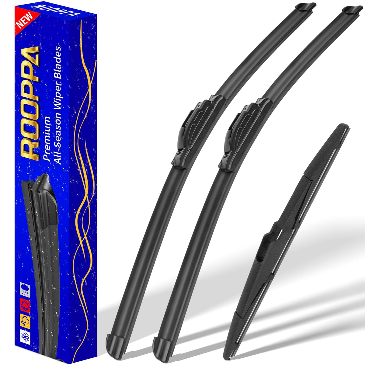 Rooppa wipers box packaging highlights OEM replacement and easy installation.