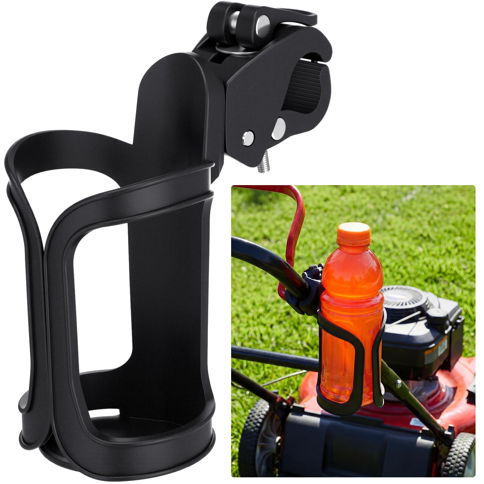 Roowest cup holder clipped to a lawn mower handle for easy drink access.
