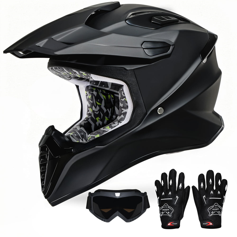 Roozo Youth Dirt Bike Helmet front view with goggles for off-road protection