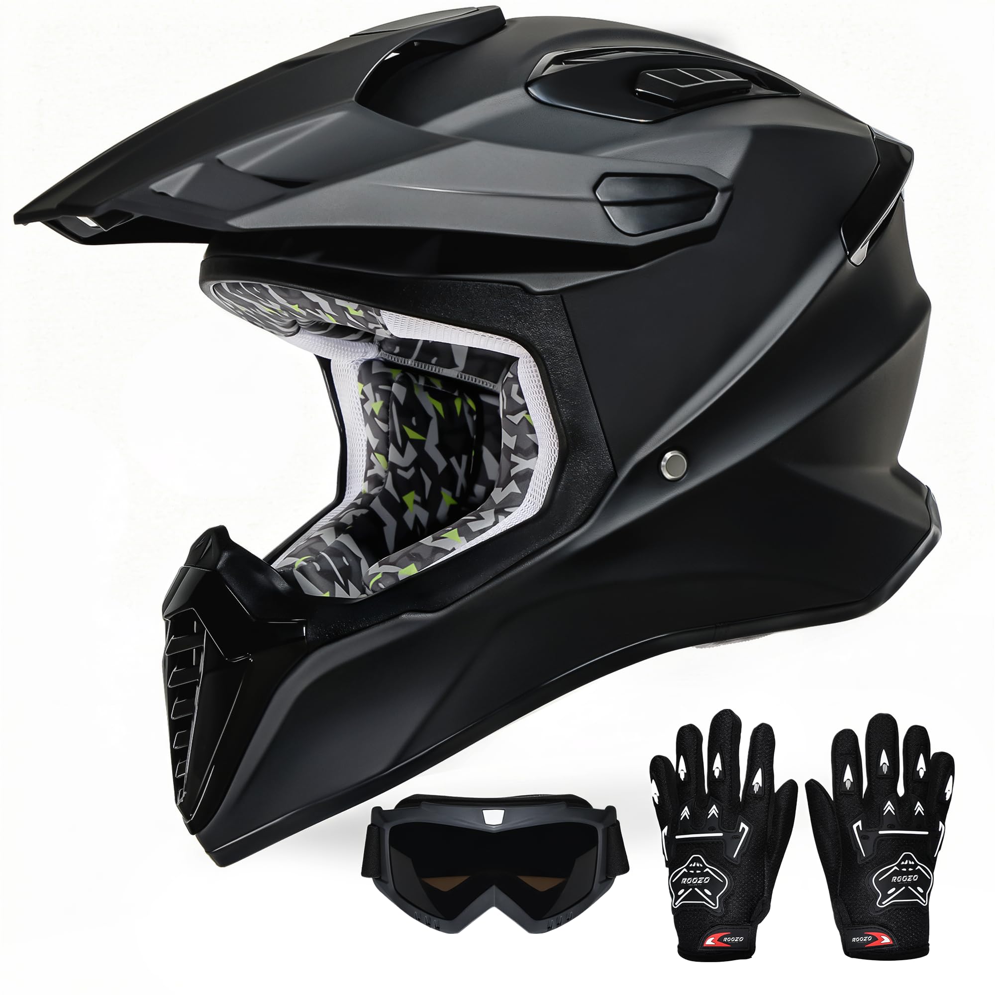 Roozo Youth Dirt Bike Helmet full-face design protects young riders on off-road trails.