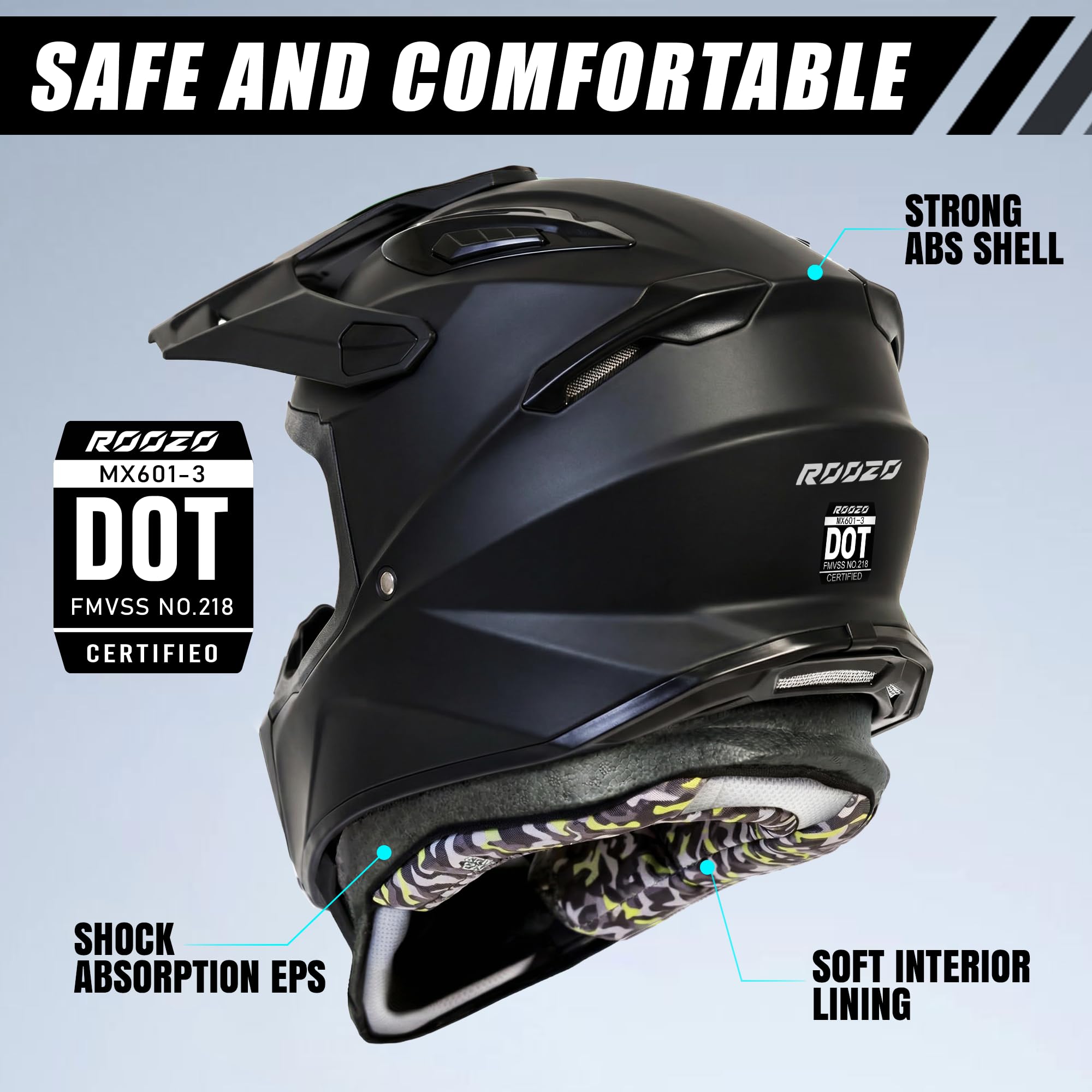 Roozo youth dirt bike helmet side view showing sturdy ABS shell