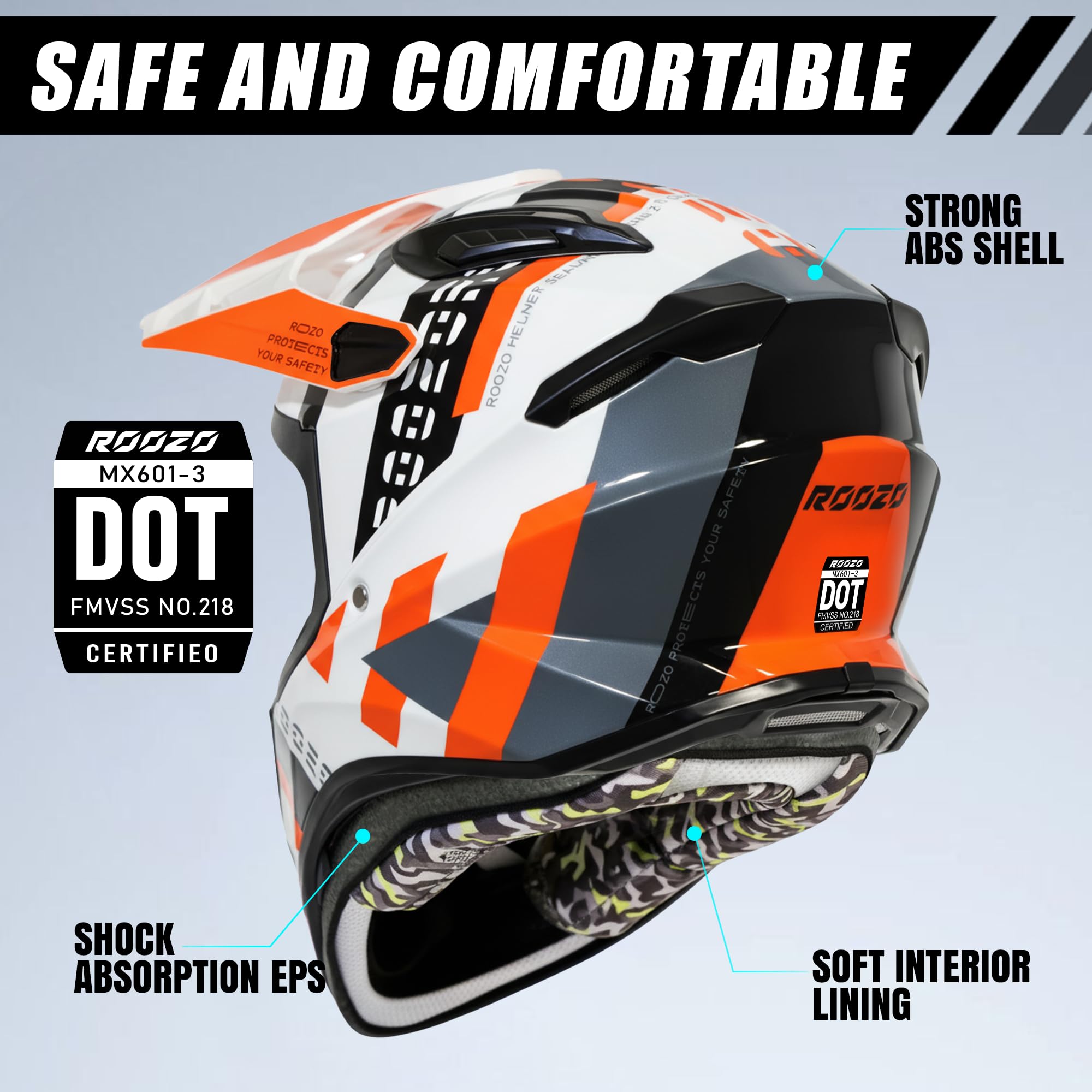 Roozo Youth Dirt Bike Helmet side view highlighting coverage and vents