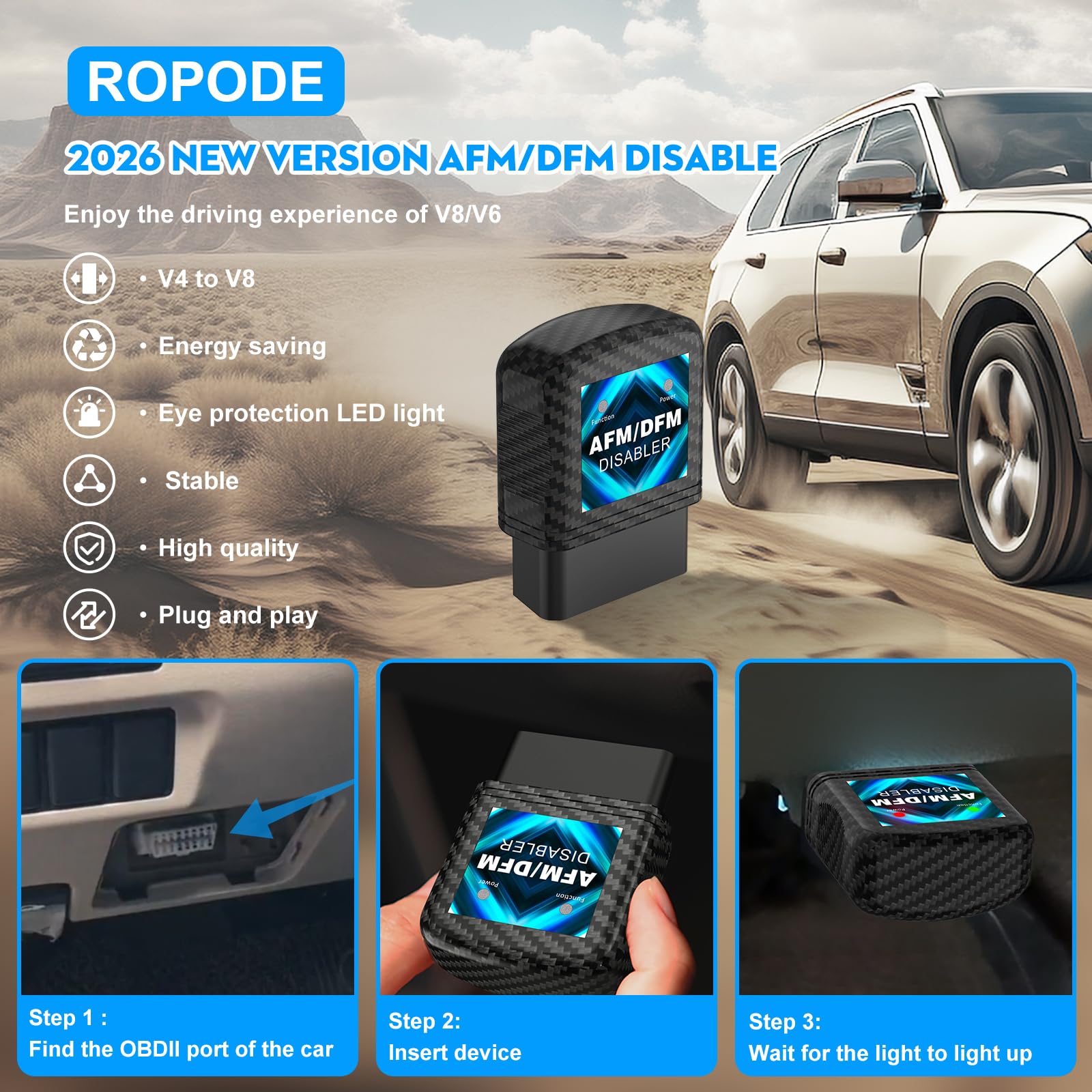 ROPODE AFM Disabler close-up, OBD-II connector ready for tool-free installation.