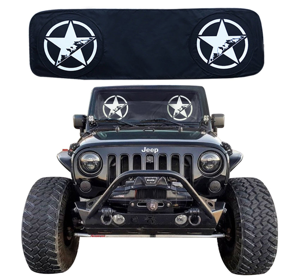 Rorex Wrangler windshield sunshade with custom fit protects interior from sun and heat.