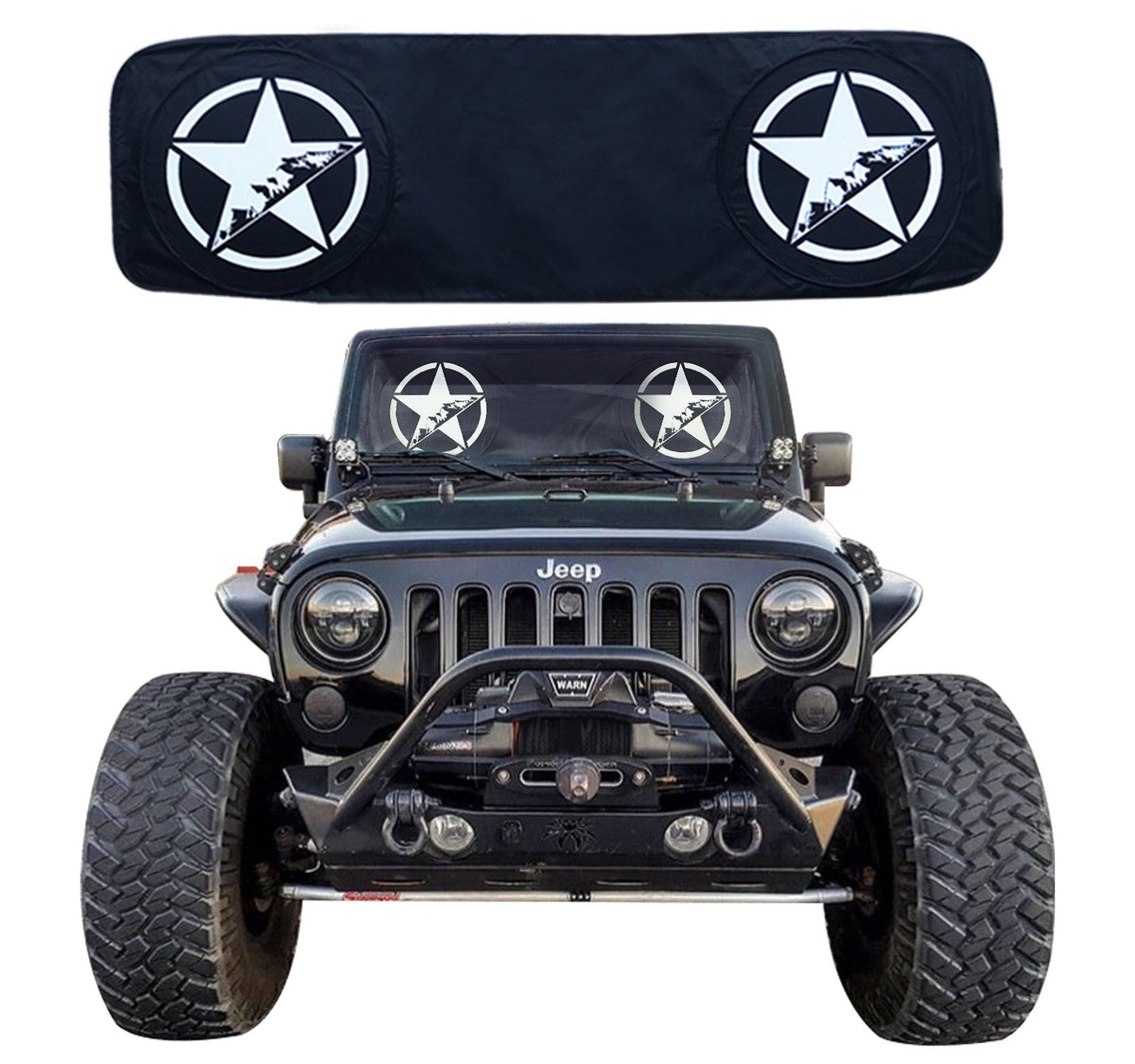 Rorex Wrangler windshield sunshade with custom fit protects interior from sun and heat.
