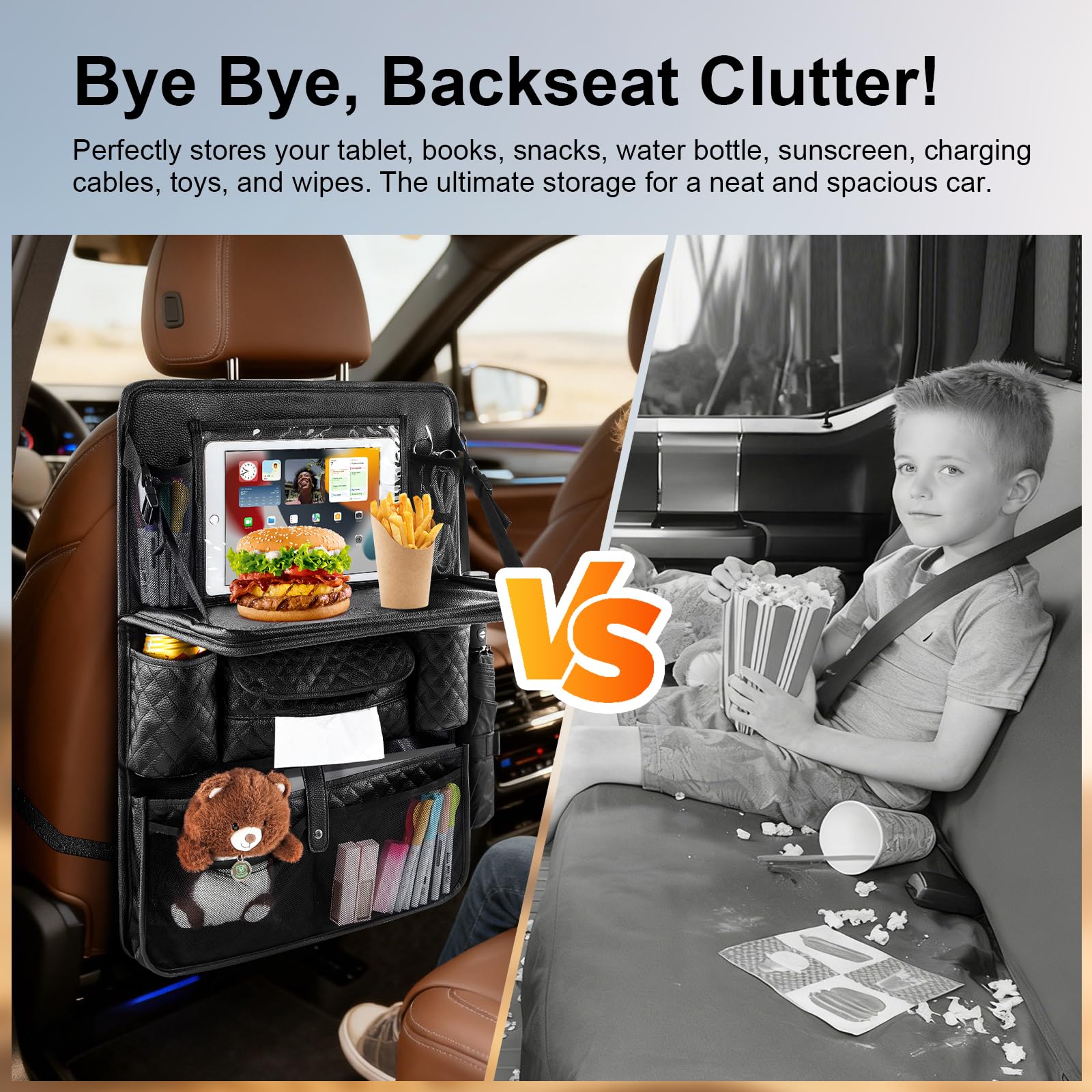 Rosynee 11-pocket storage car organizer to declutter rear seats for toys and snacks