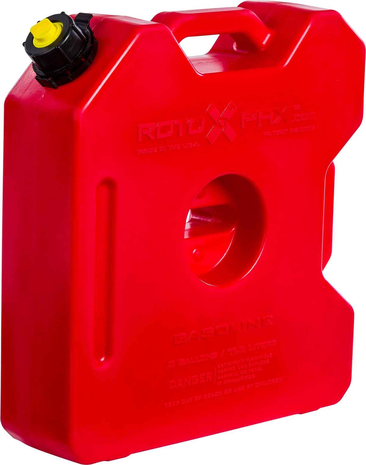 RotopaX RX-3G red 3-gallon gasoline pack shows leak-proof seal for safe fuel transport.