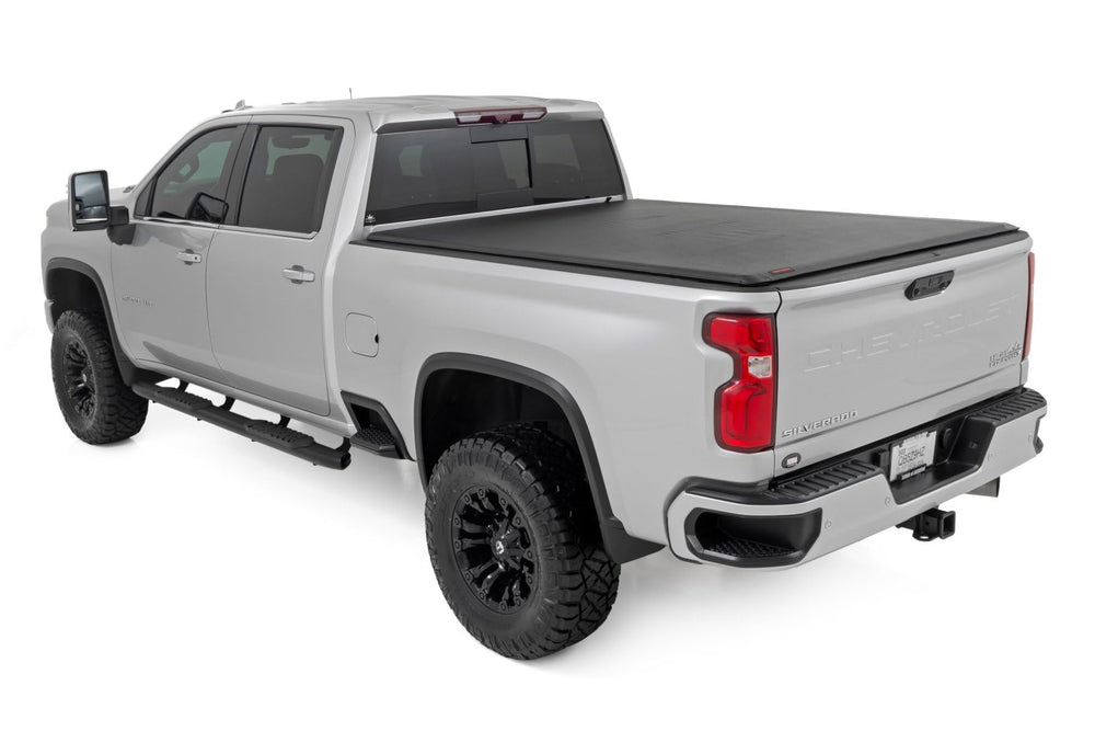 Rough Country matte-black vinyl bed cover with front seal protects bed from rain and dust.