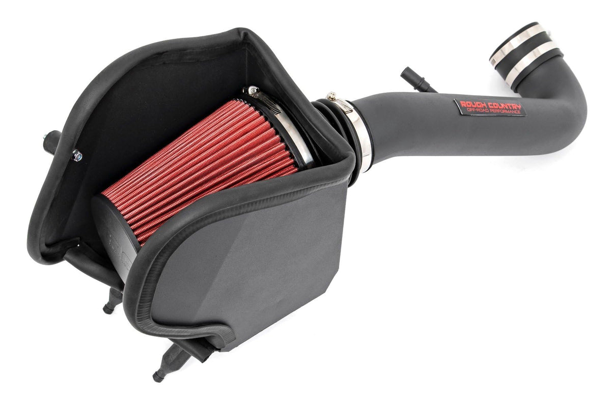 Rough Country Cold Air Intake close-up highlighting premium reusable filter for Jeep Wrangler JL