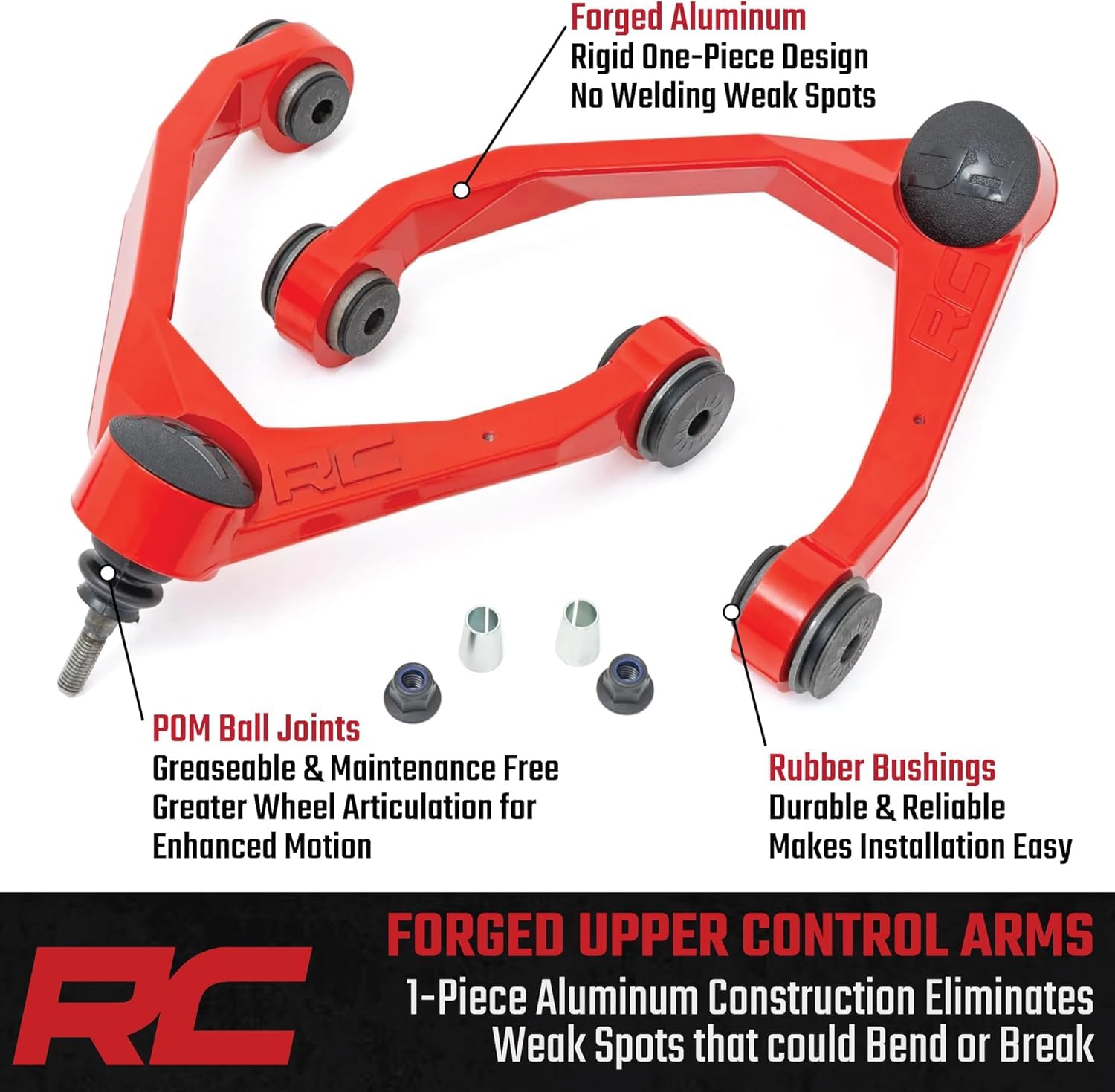 Rough Country forged upper control arm ball joint close-up with low-friction POM design
