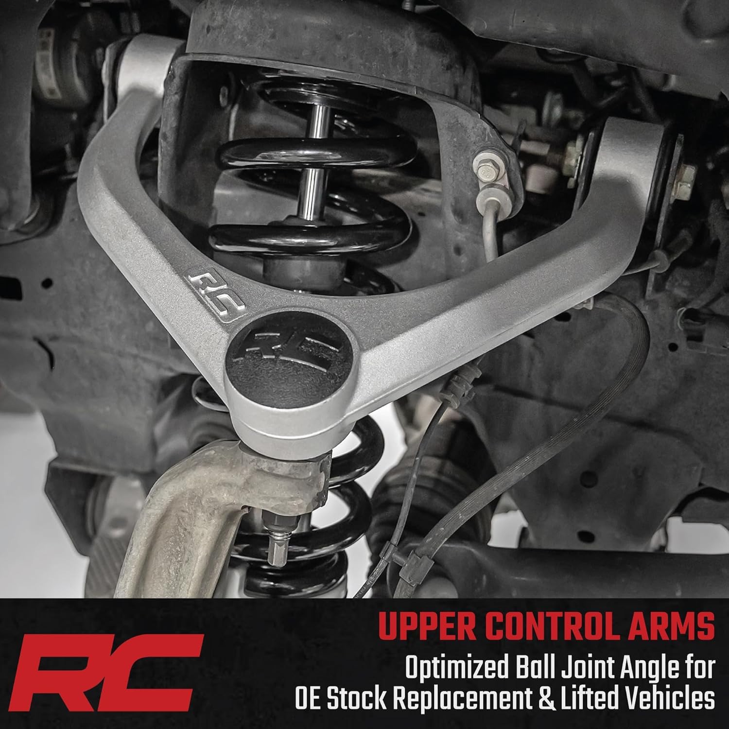 Rough Country upper control arm featuring POM ball joints for smoother articulation and longer life.