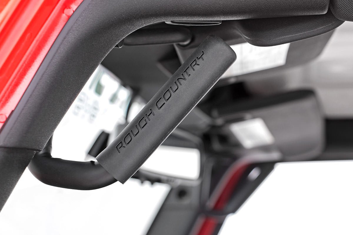 Rough Country grab handles installed on a Jeep JK with bolt-on mounting