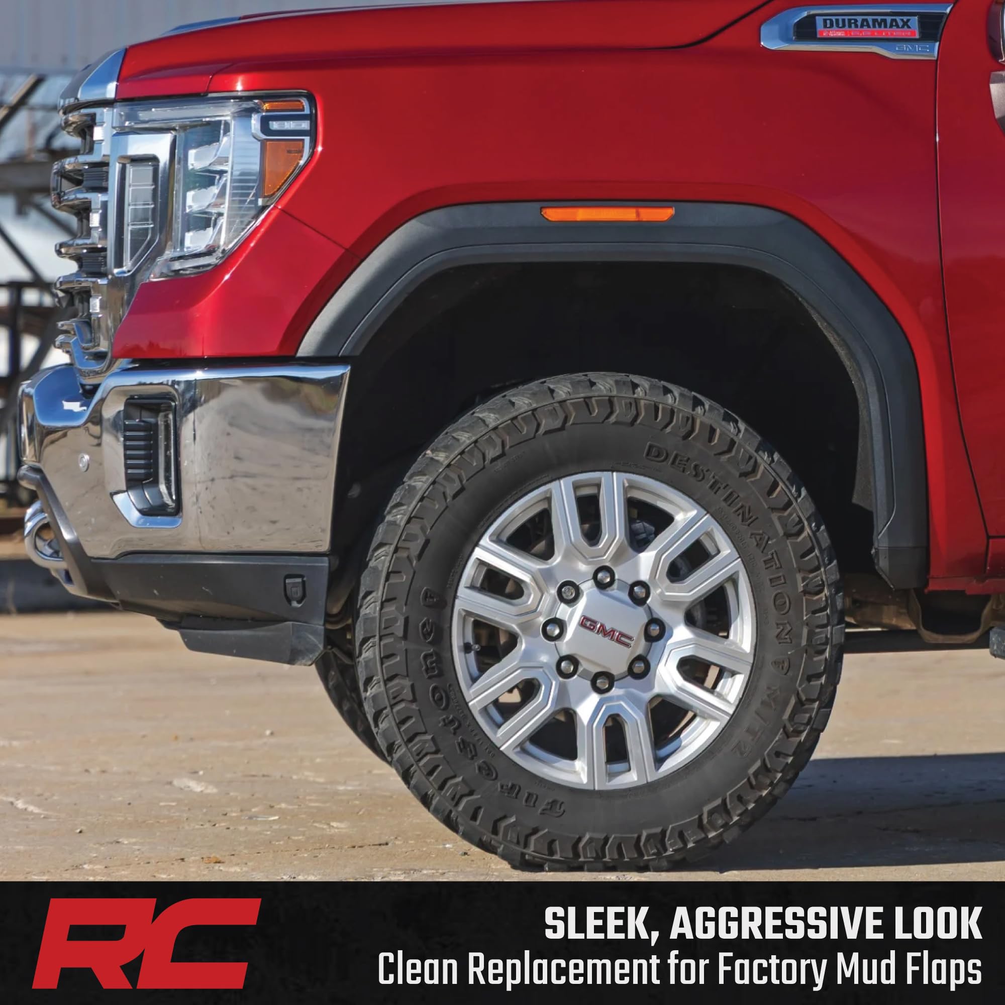 Rough Country mud flap delete rear Sierra 2500HD installed for a seamless rear finish and extra clearance.