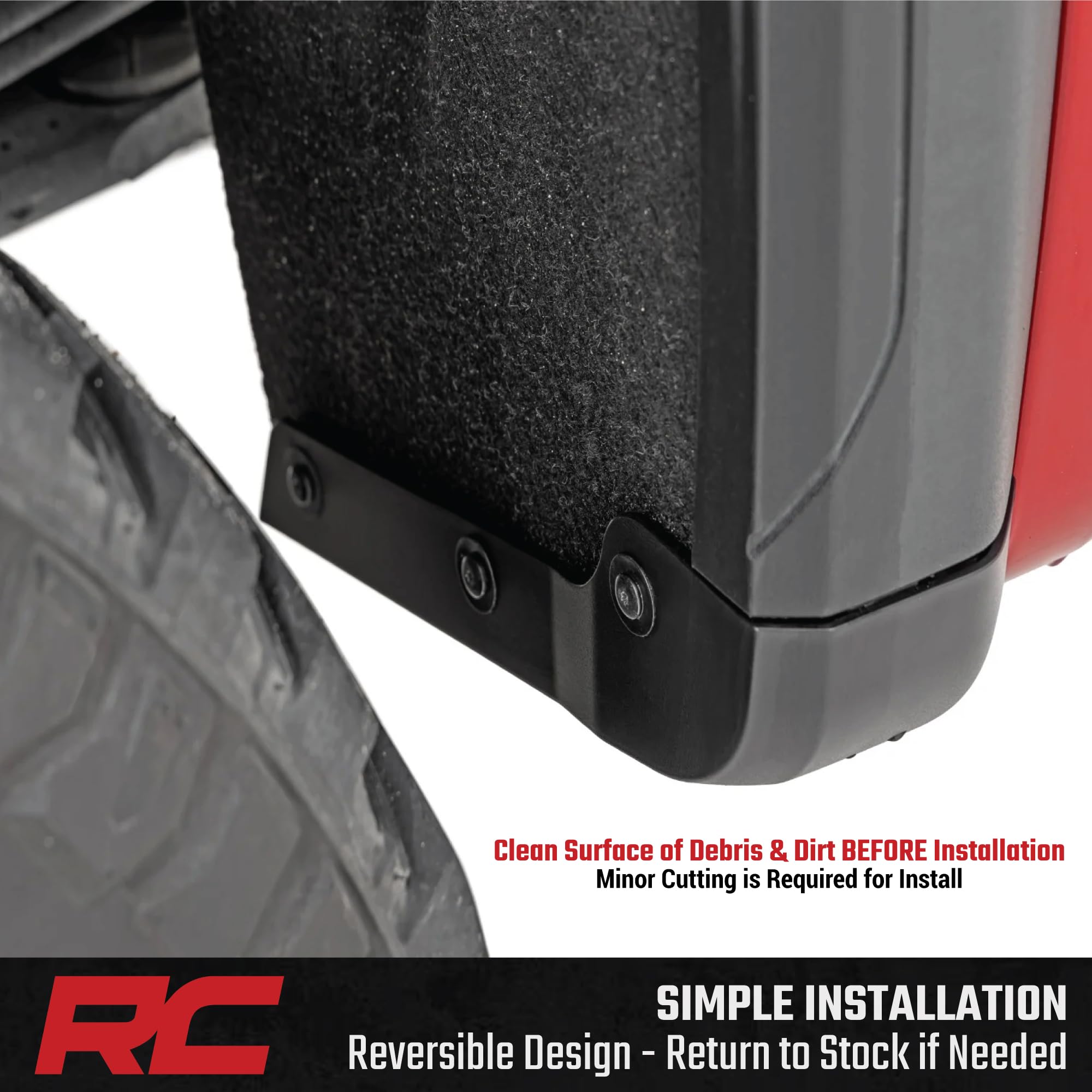 Rough Country mud flap delete rear Sierra 3500HD installed for a tidy rear appearance and tire clearance.