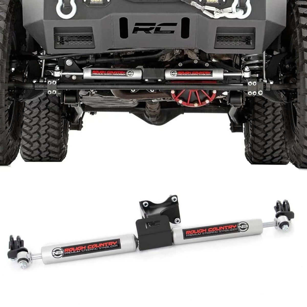 Rough Country N3 dual steering stabilizer mounted on a Jeep Wrangler JK for improved stability