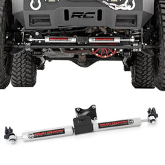 Rough Country N3 dual steering stabilizer mounted on a Jeep Wrangler JK for improved stability
