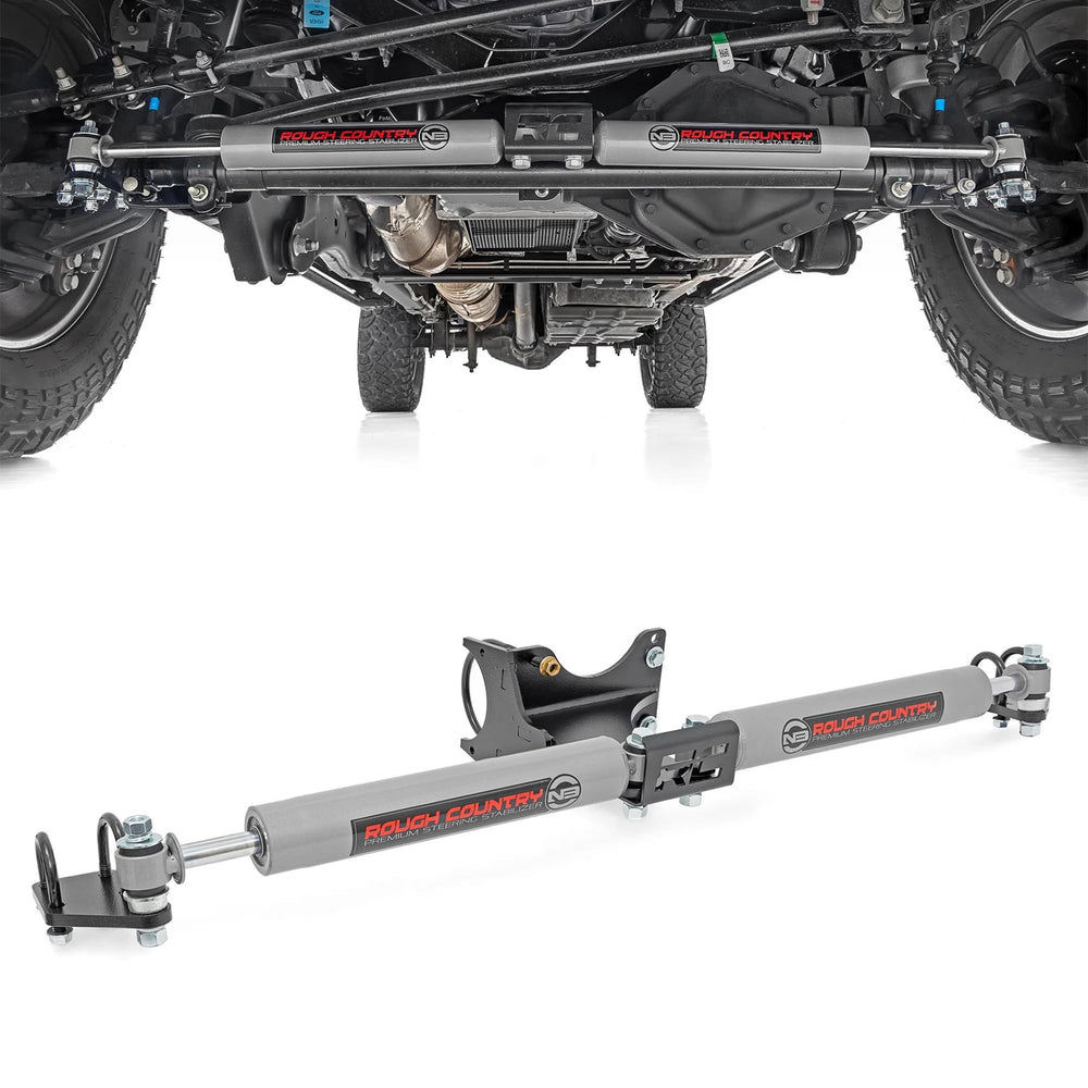 Rough Country N3 dual steering stabilizer close-up showing rugged build for stability.