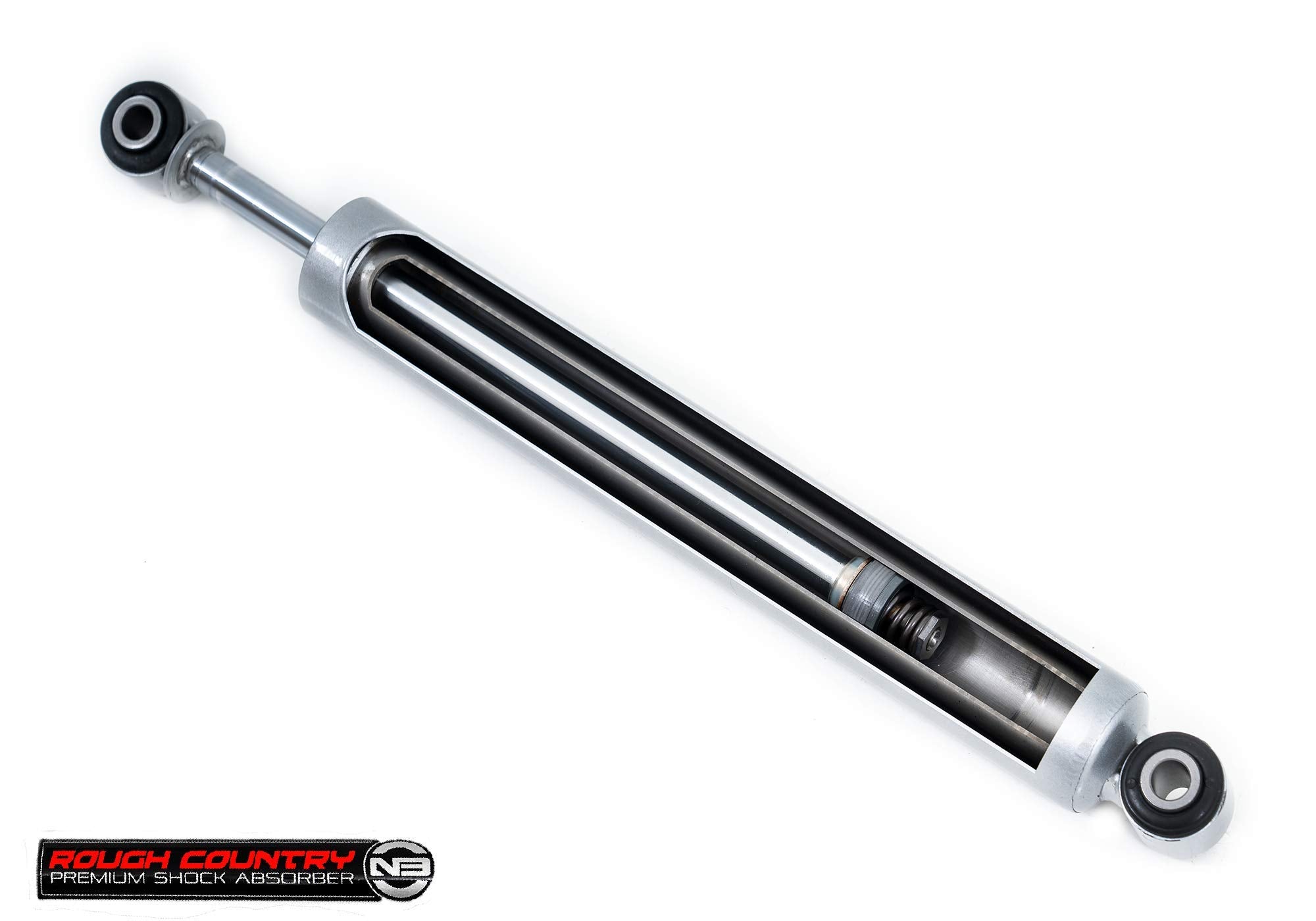 Rough Country N3 rear shocks use rubber bushings for quieter operation and durability