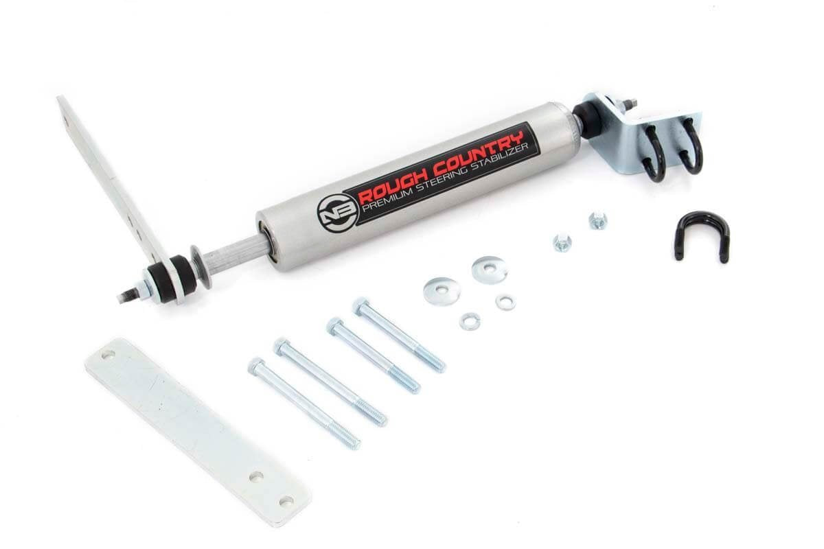 Rough Country N3 steering stabilizer front view improves on-road feel