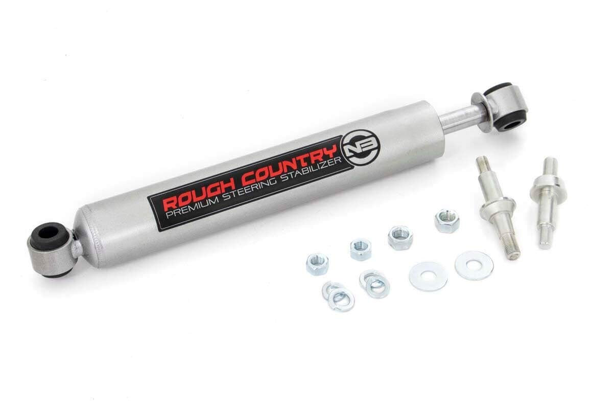 Bolt-on installation view of Rough Country N3 steering stabilizer with quick integration.
