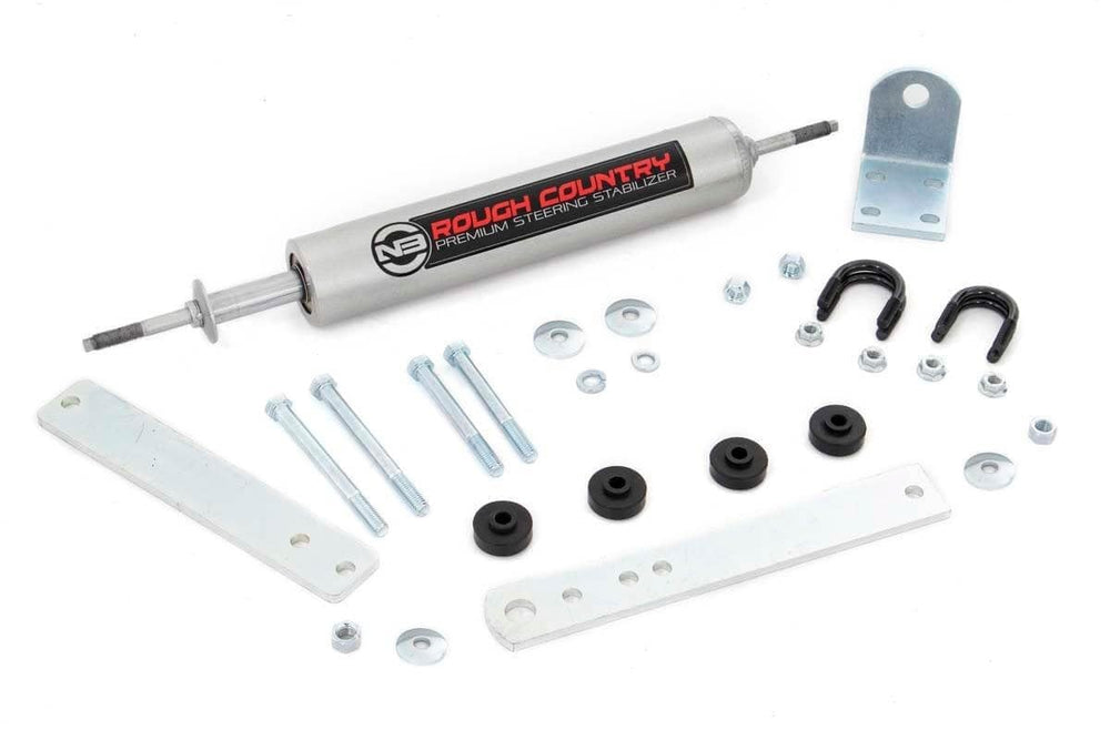 Rough Country N3 steering stabilizer kit packaged with rugged hardware for install