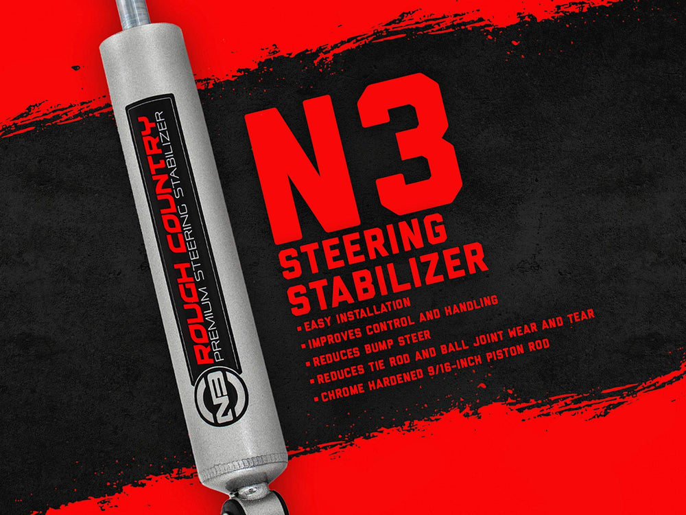 Rough Country N3 steering stabilizer installed, improves handling and reduces bump steer for off-road trips.