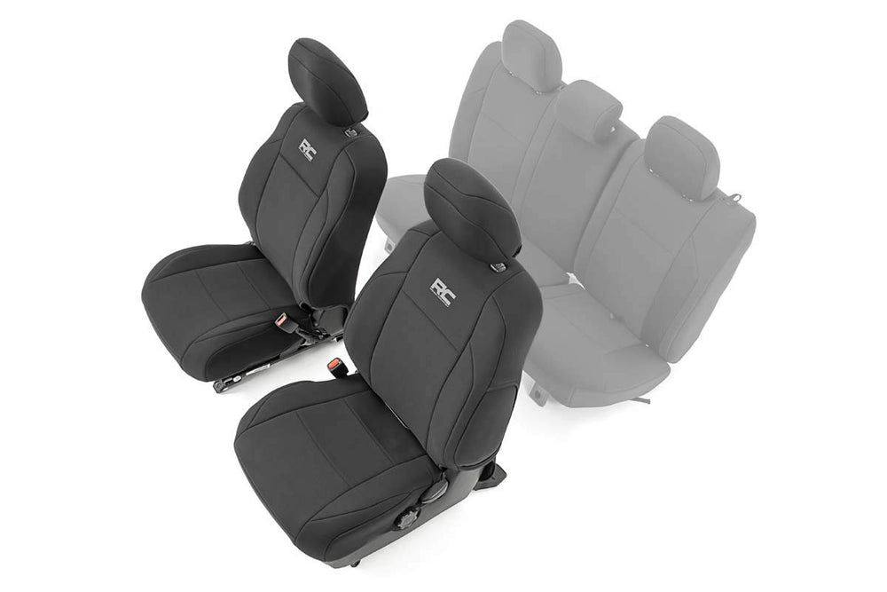 Rough Country neoprene front seat cover for Toyota Tacoma provides protection and a snug fit.