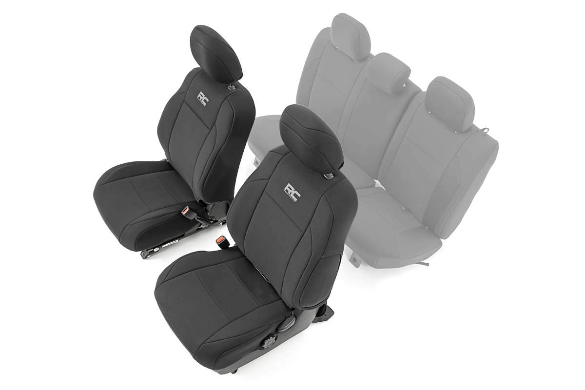 Rough Country neoprene front seat cover for Toyota Tacoma provides protection and a snug fit.