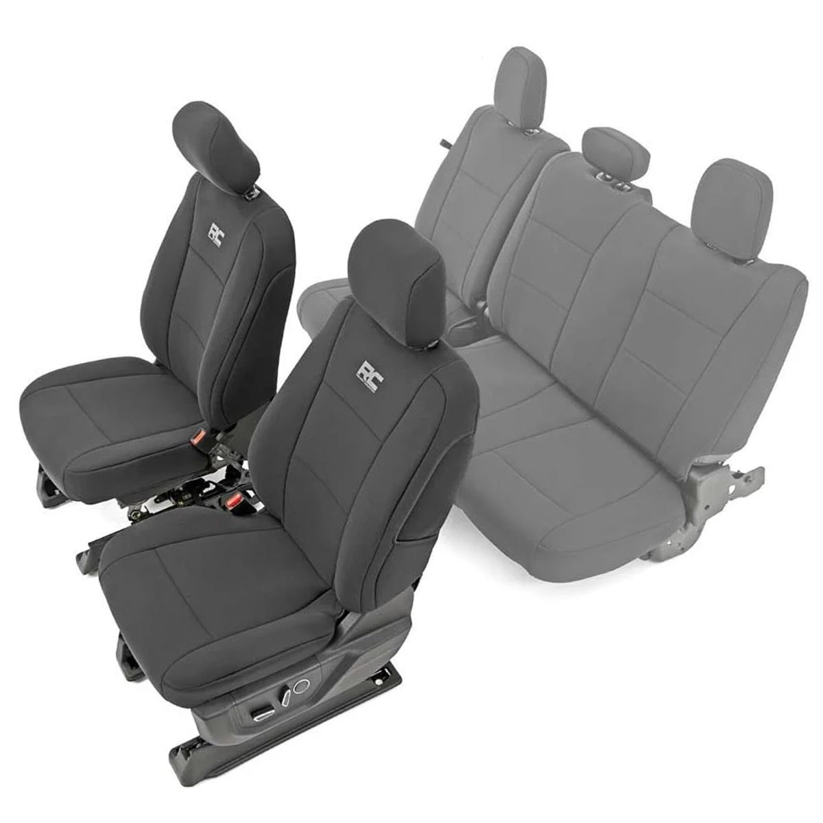 Rough Country neoprene seat covers on front bucket seat with protective fit