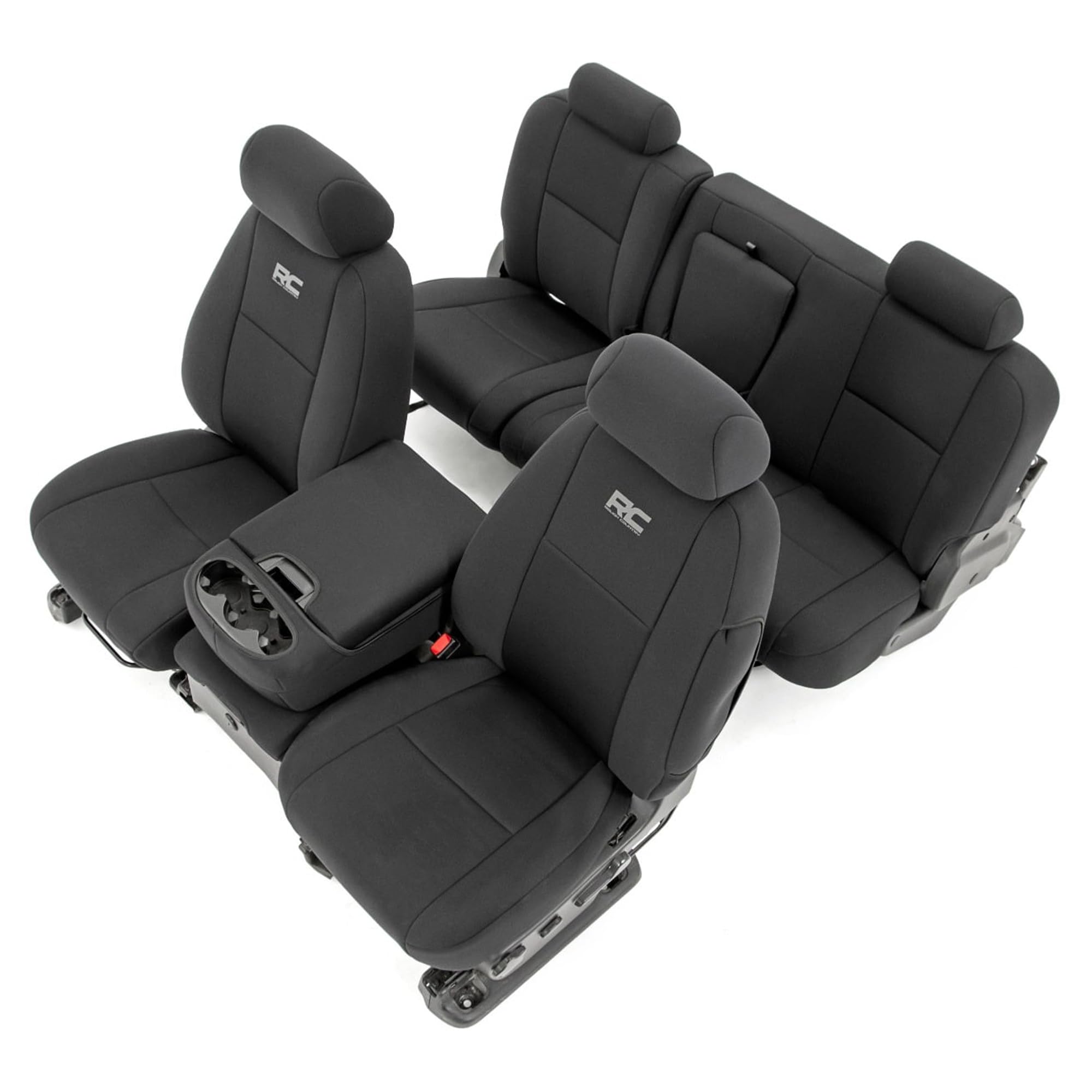 Rough Country neoprene front-seat covers with a snug fit for Silverado/Sierra interiors.