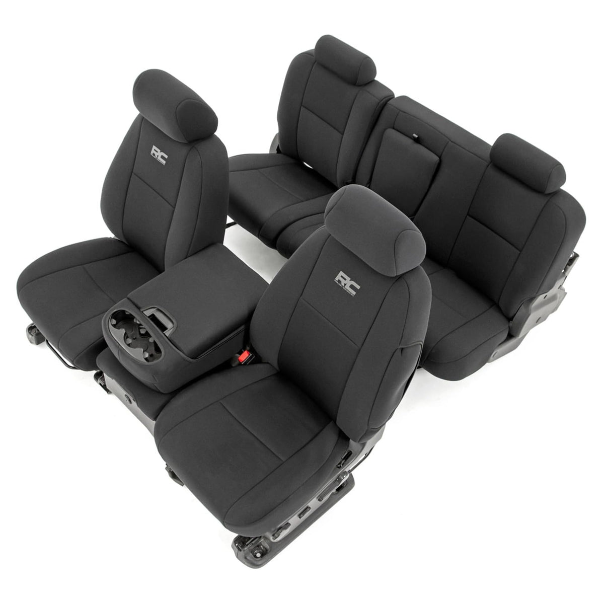 Rough Country neoprene front-seat covers with a snug fit for Silverado/Sierra interiors.