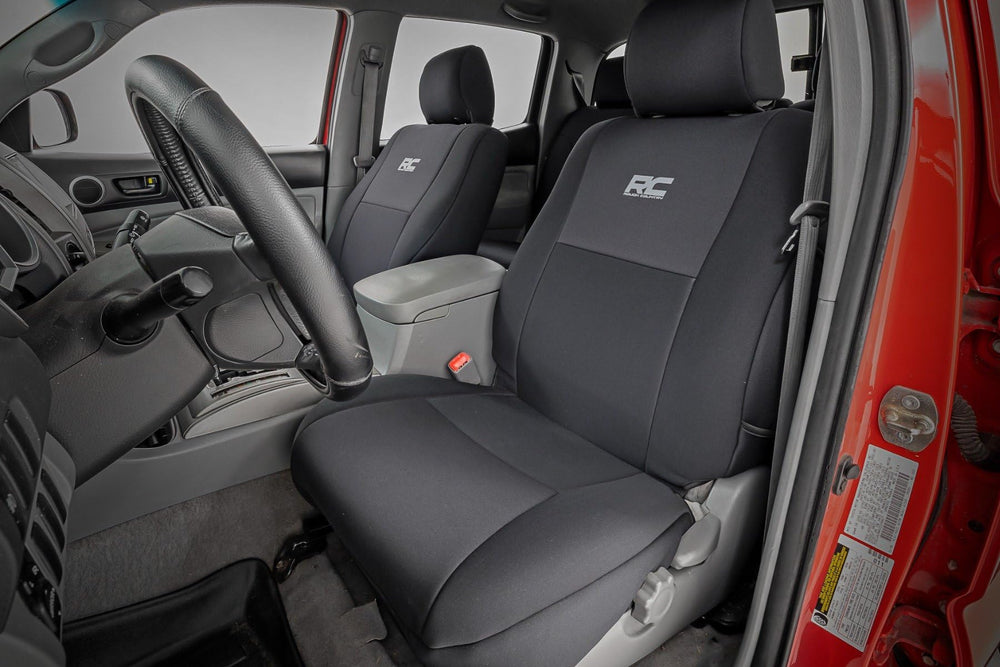 Rough Country neoprene seat covers for Tacoma front seats protect against spills and wear.